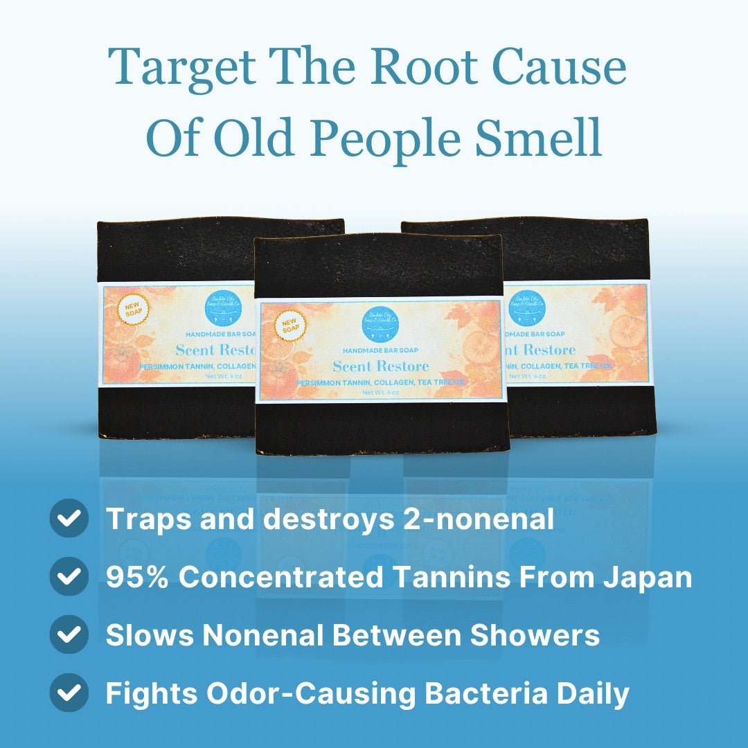 Scent Restore Targets Root Cause Of Old People Smell | Traps And Destroys 2-Nonenal | 95 Percent Concentrated Persimmon Tannins From Korea | Slows Nonenal Between Showers | Bouldercitysoap