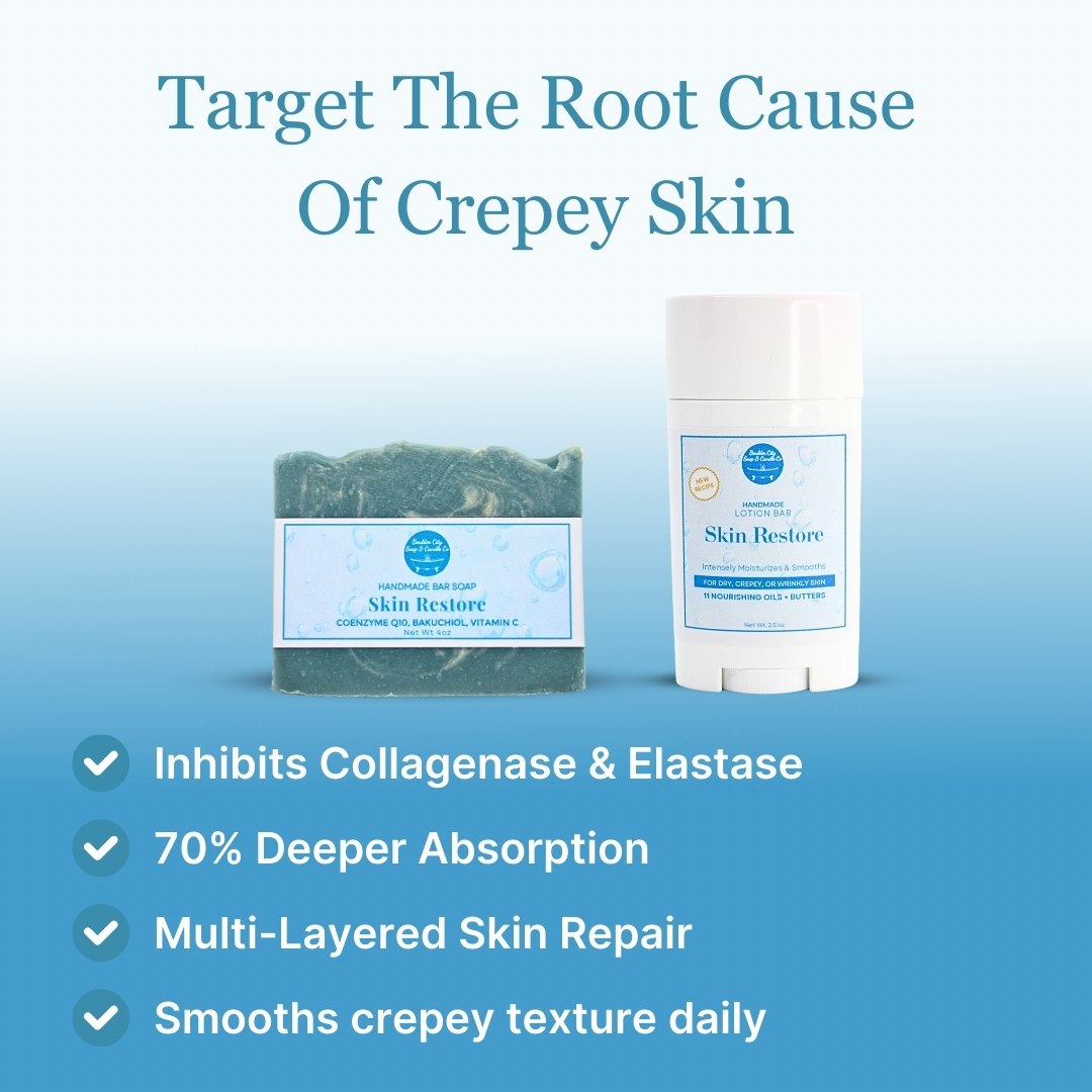 Skin Restore soap and lotion bar duo designed to nourish and smooth crepey skin daily.