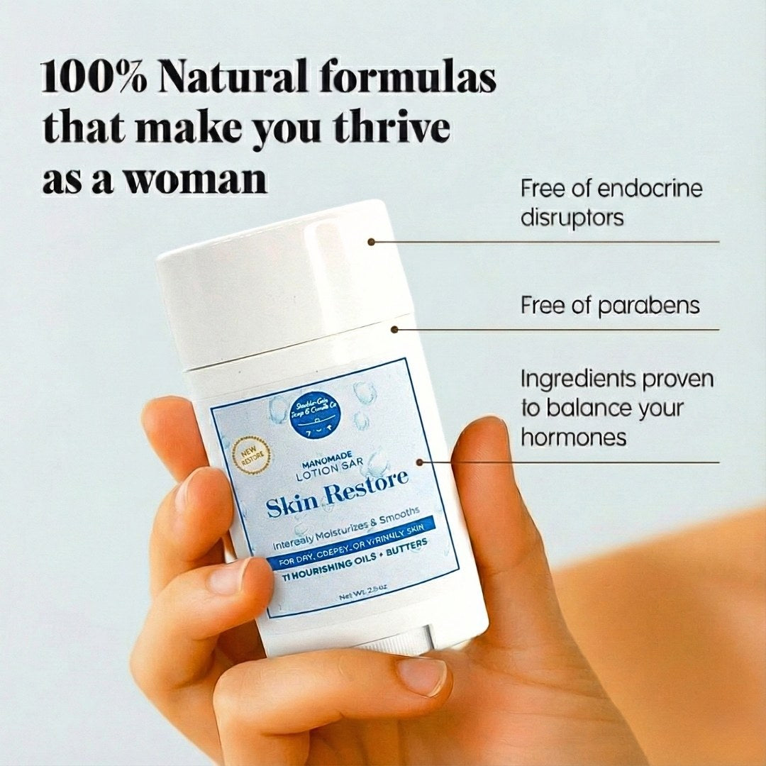 Skin Restore Lotion Bar made with clean, natural ingredients for dry, crepey, and mature skin.