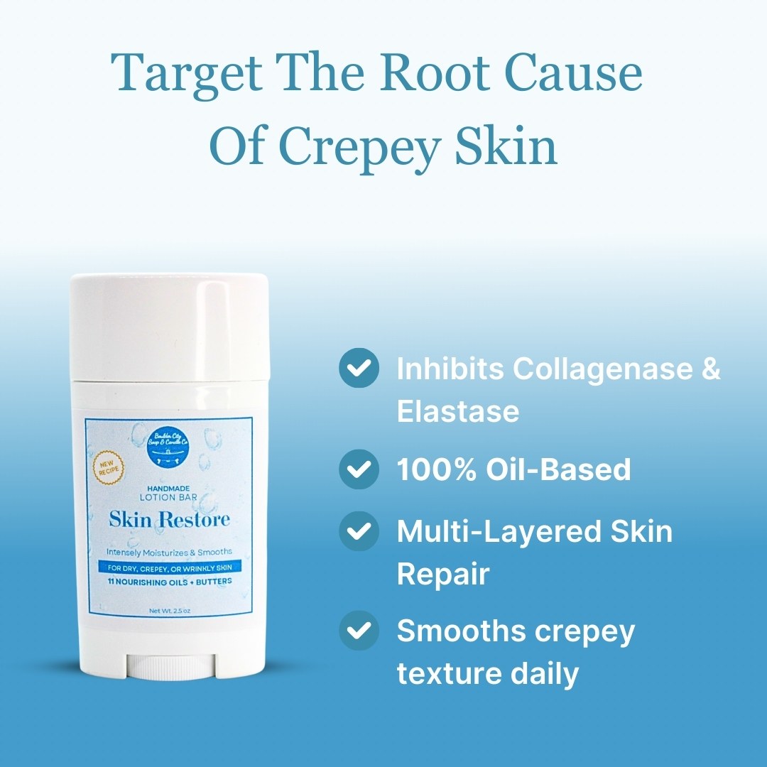 Skin Restore Lotion Bar designed to deeply nourish and smooth crepey skin with daily use.