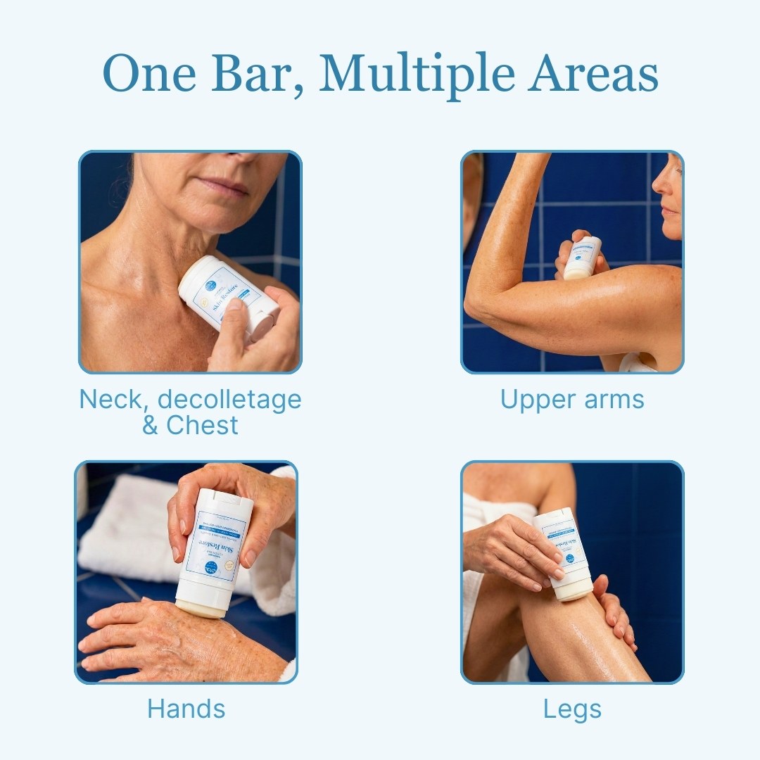 Skin Restore Lotion Bar shown on neck, arms, hands, and legs for crepey and mature skin hydration.