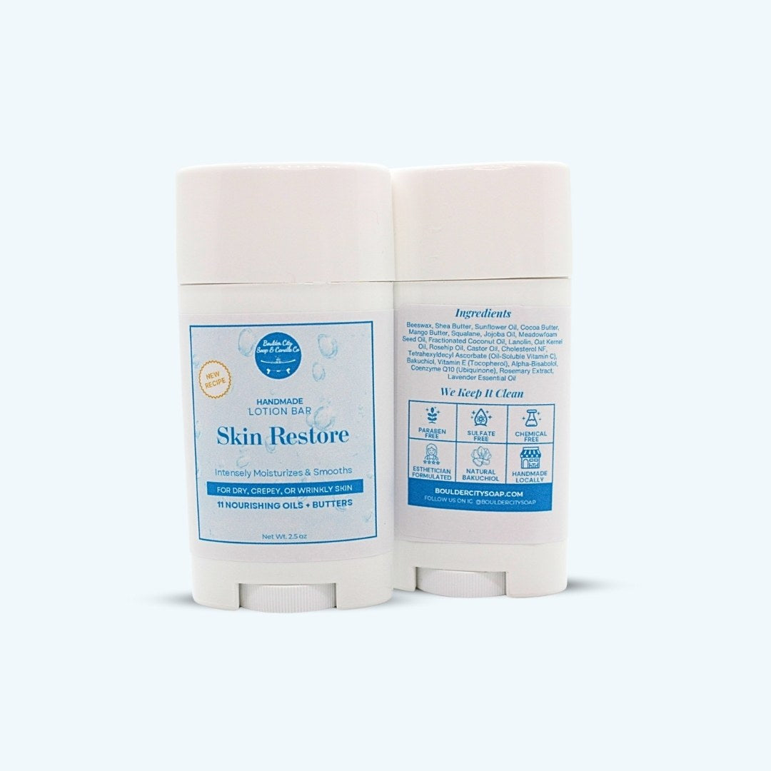 Front and back packaging of Skin Restore Lotion Bar highlighting clean ingredients and usage details