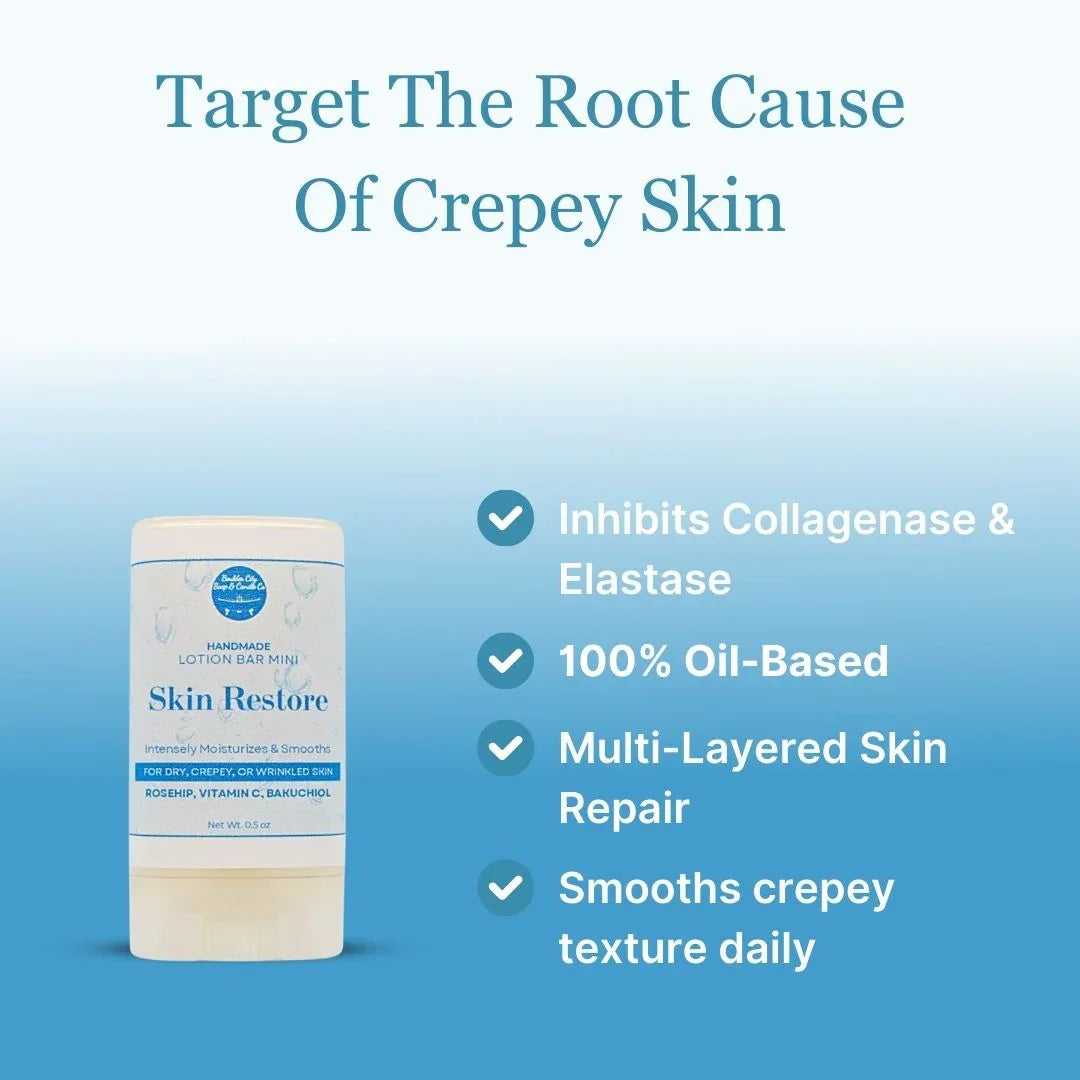 Skin Restore Lotion Bar Mini formulated to deeply nourish and smooth crepey skin with daily use.