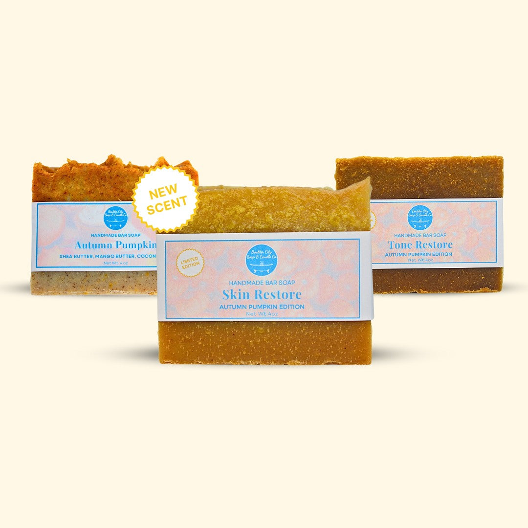 Limited Edition Autumn Pumpkin Skin Restore soap bar. A warm, seasonal holiday gift for women over 50 that targets thinning, crepey skin with natural moisture and seasonal scent