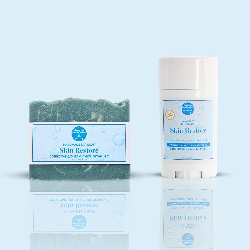 The complete duo of handcrafted Skin Restore bar soap and lotion bar, working together to defeat the "enzyme attack" and restore youthful skin.
