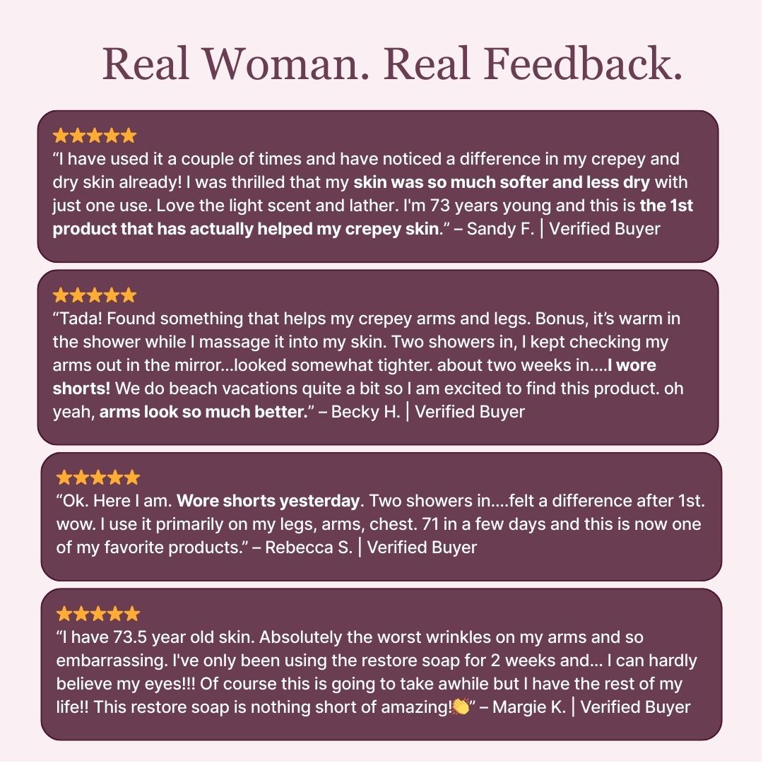 Before and after results from Robin L showing softer, hydrated skin and improved texture on the forearm after just 7 days of using Love Restore soap.