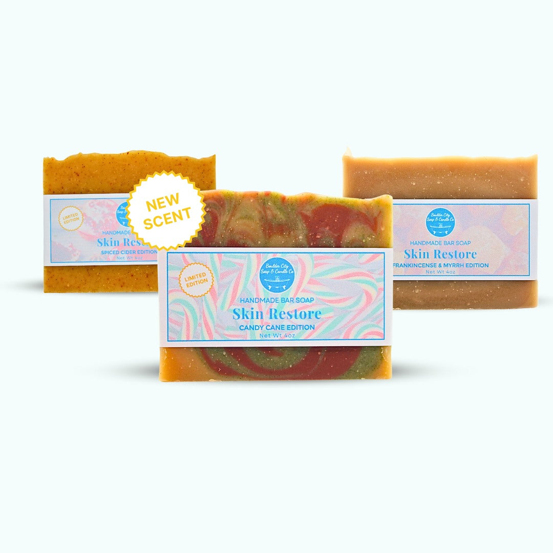 Skin Restore | Holiday Collection | Candy Cane | Spiced Cider | Frankincense & Myrrh | Natural Bar Soap | for Crepey Skin | Bouldercitysoap