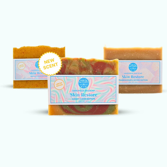 Skin Restore | Holiday Collection | Candy Cane | Spiced Cider | Frankincense & Myrrh | Natural Bar Soap | for Crepey Skin | Bouldercitysoap