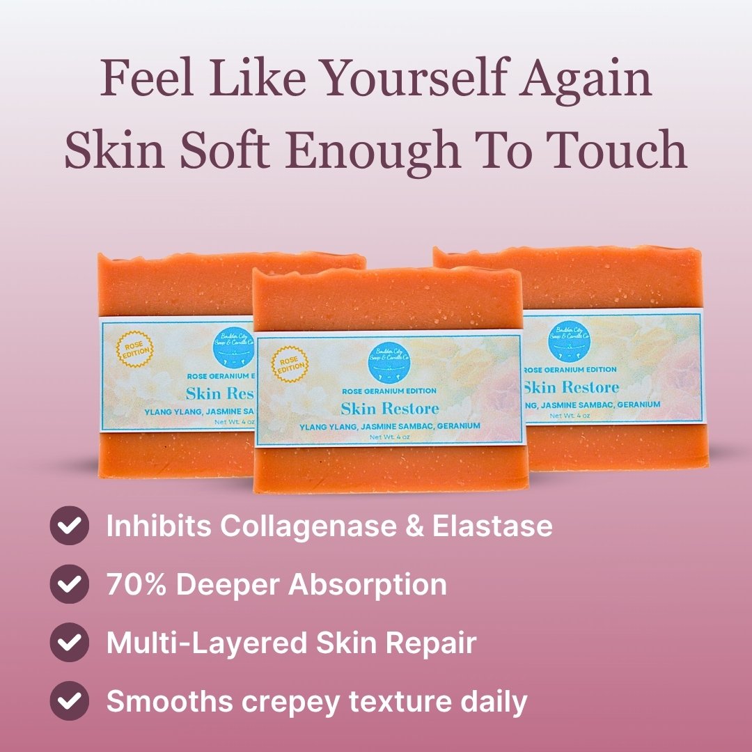 Three Skin Restore Rose Geranium soap bars with a graphic highlighting softer-feeling skin, deeper absorption and daily smoothing of crepey texture
