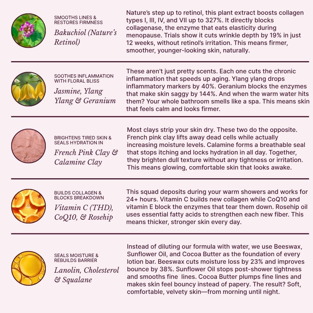 Skin Restore Rose Geranium ingredient graphic featuring bakuchiol, jasmine, ylang ylang, geranium, pink clay, calamine, vitamin C, CoQ10, rosehip oil, lanolin, cholesterol and squalane.