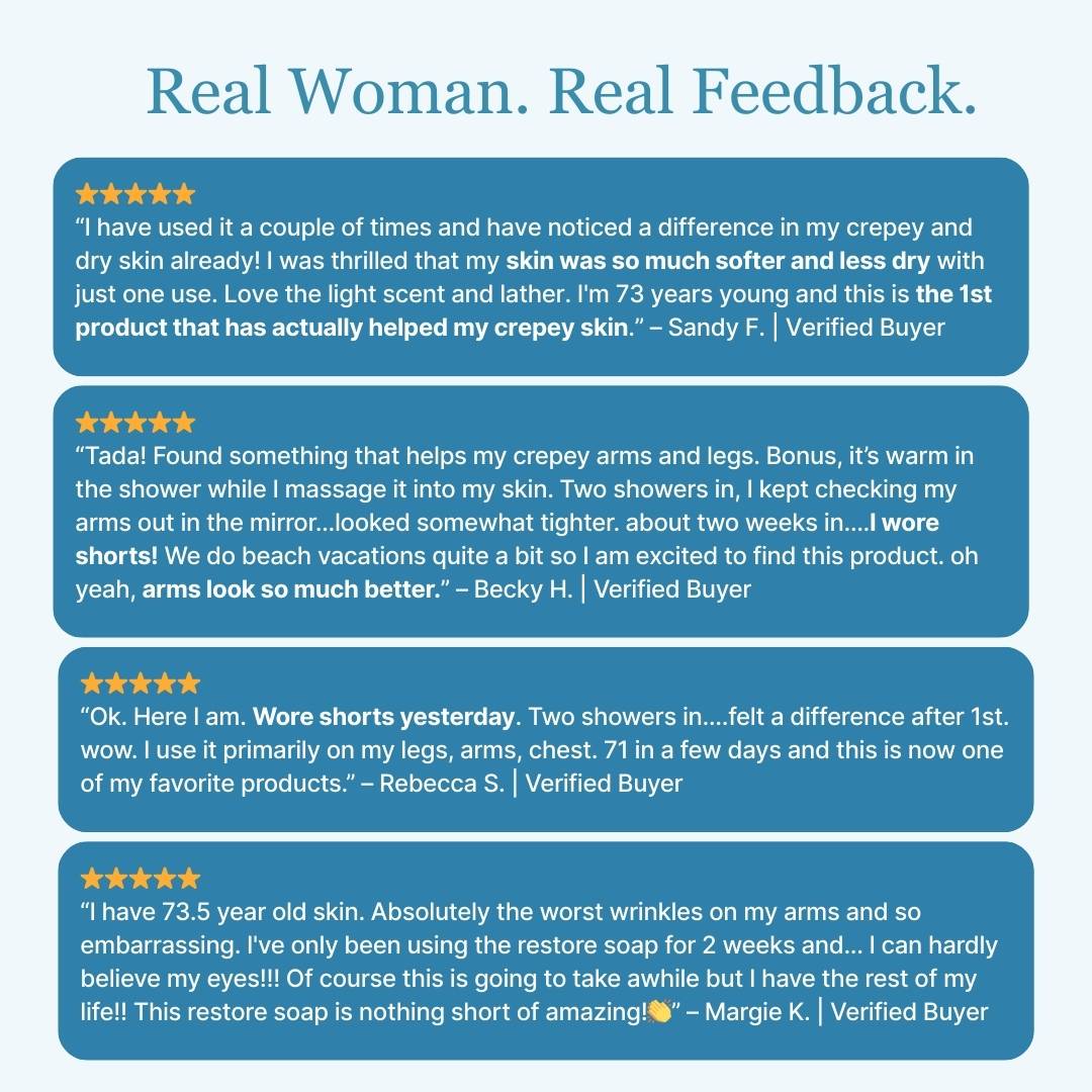 Verified customer testimonials for Skin Restore V.3 | Real women share improved firmness, smoother skin, and lasting hydration