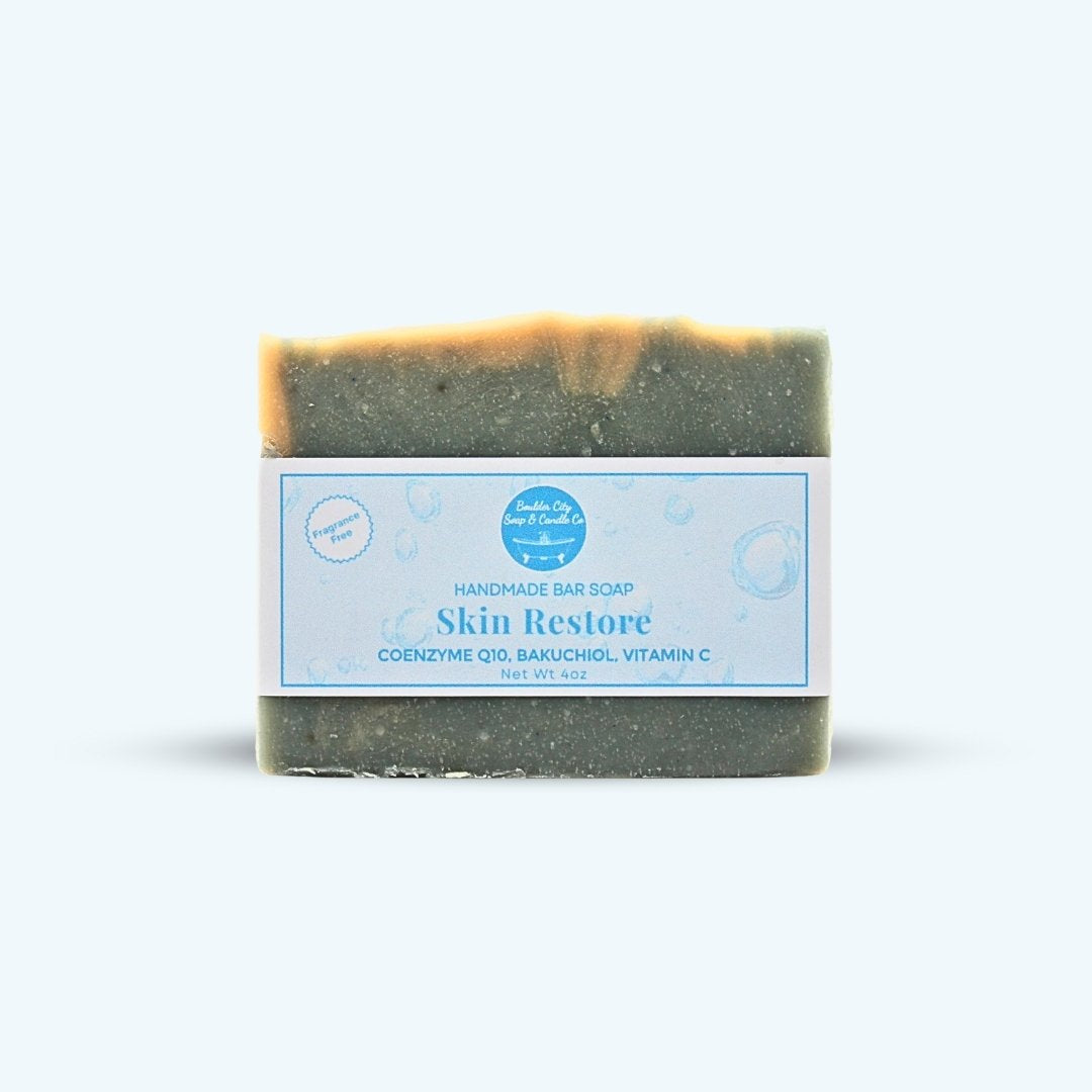 Natural Bar Soap | Skin Restore V.3 | Fragrance Free | Bakuchiol & CoQ10 | Crepey Skin | 4.0oz | Bouldercitysoap
