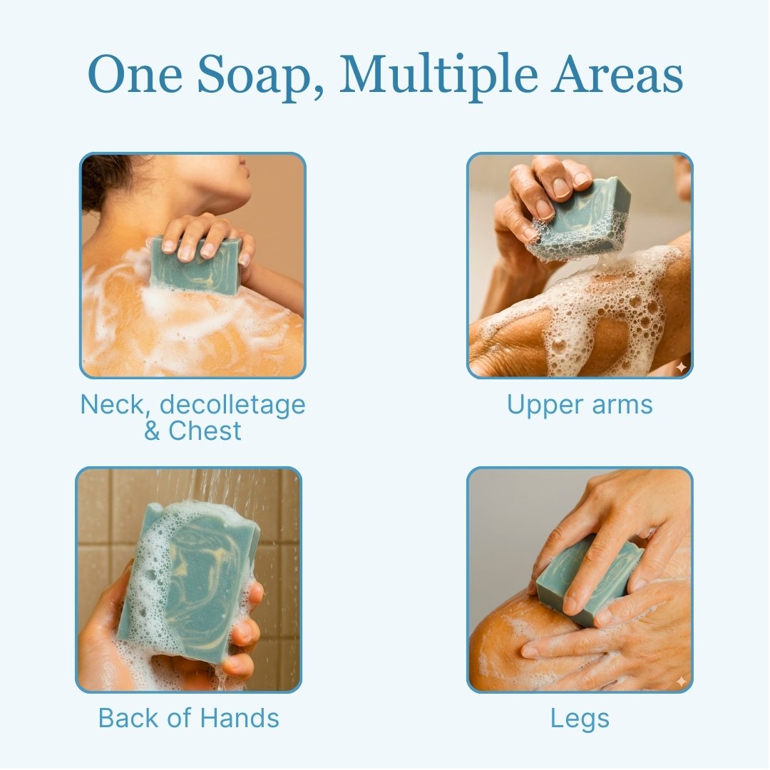One soap, multiple areas | Skin Restore V.3 used on chest, arms, hands, and legs | Handmade natural soap for crepey skin