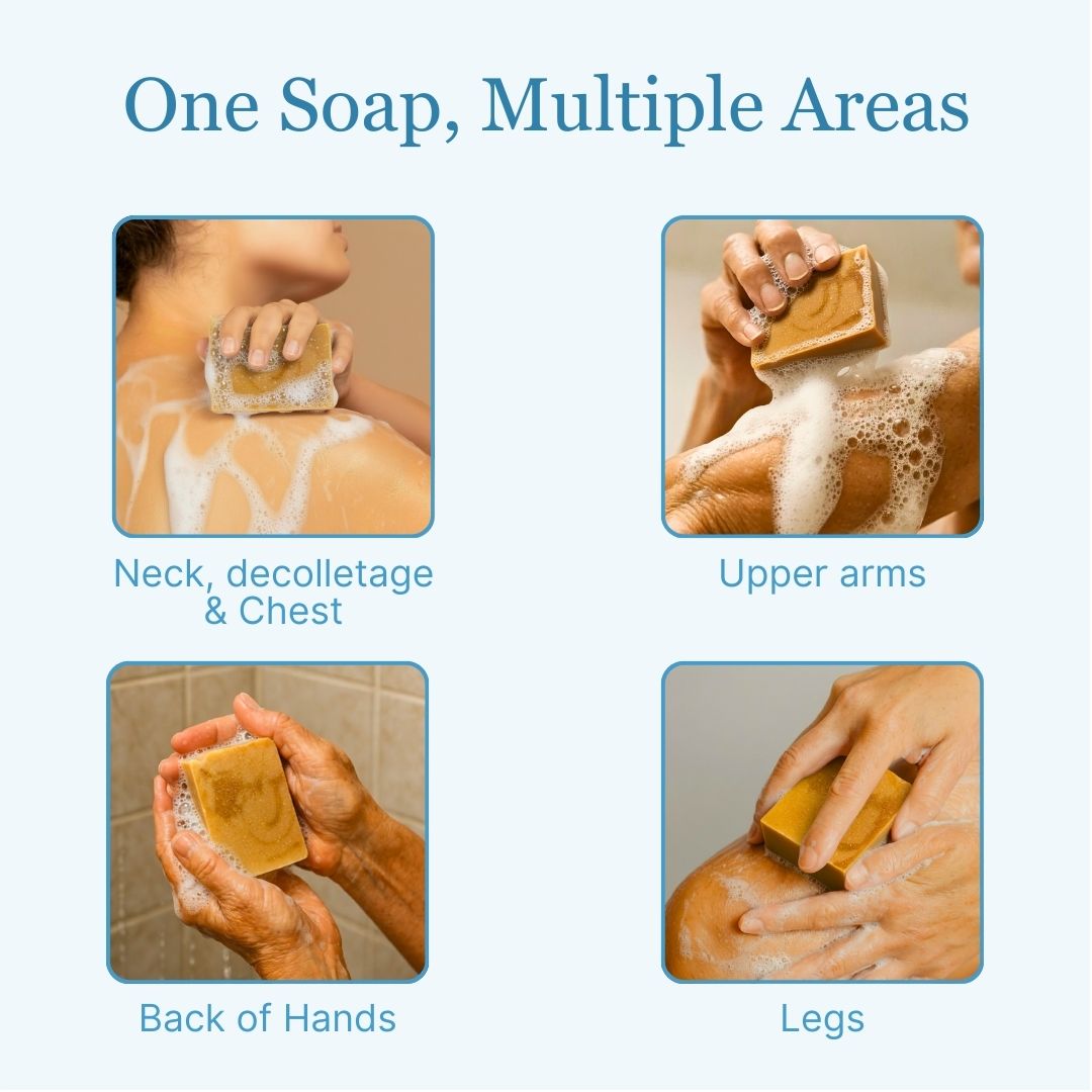 Tone Restore brightening soap used on chest, arms, hands, and legs | Natural formula for even skin tone across body