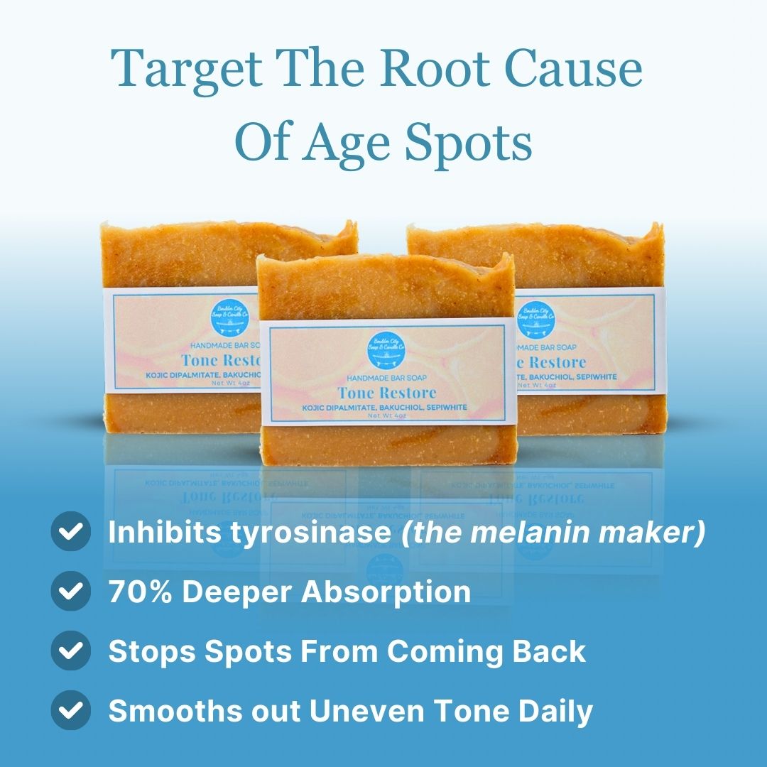 Tone Restore soap bars with benefit callouts | Inhibits tyrosinase, prevents new spots, smooths uneven skin tone